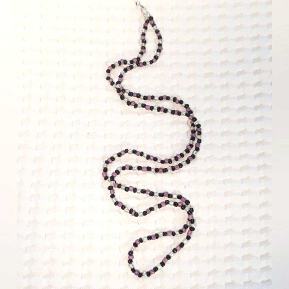 Handmade Single Strand Beaded Necklace 34" - Purple Black Metal Bead Necklace - Picture 5 of 9